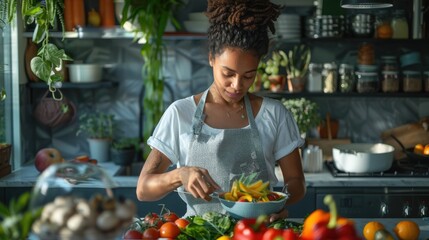 A nutritionist preparing a colorful, healthy meal in a modern kitchen