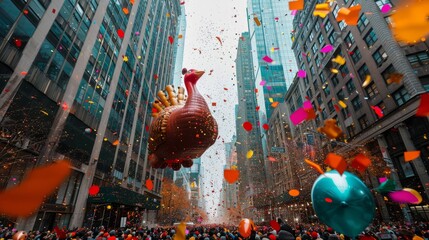 giant turkey balloon hovers amidst confetti showers against nyc skyscrapers during macy's thanksgivi