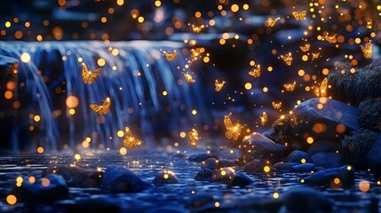 Wall Mural - A serene waterfall scene illuminated by glowing butterflies and sparkles, creating a magical atmosphere.