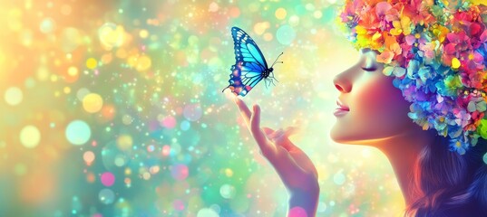 Young Woman With Flowers In Her Hair Gently Touching A Beautiful Butterfly, Harmony Concept