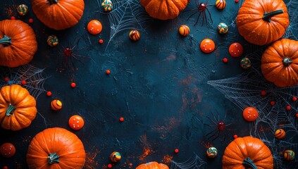 Halloween pumpkins and spider web decorations on a black background with copy space, top view. 