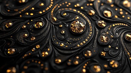 A close-up of an ornate black surface embellished with golden swirls and gems, showcasing intricate design and elegance.