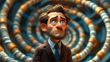 Canvas Print - Contemplative Cartoon Businessman Lost in Swirling Spirals of Thought