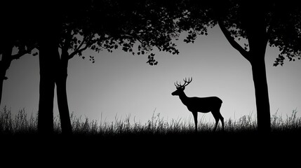 Poster - The silhouette of a deer standing gracefully amidst the dark outline of trees captures the essence of wildlife in this black and white scene.