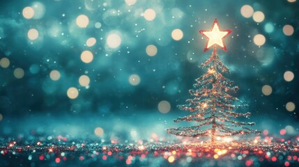 An abstract design features a Christmas tree with a star topper, illuminated against a dreamy, glittering background of festive lights