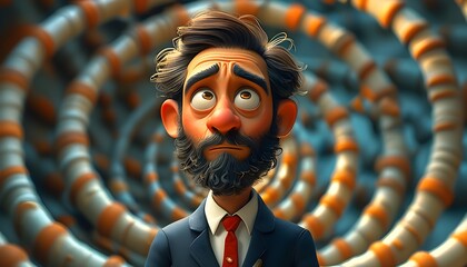 Canvas Print - Contemplative Cartoon Businessman Lost in Swirling Spirals of Thought