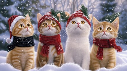 Wall Mural - Four cute cats with vibrant scarves sit in the snow by a pine tree, capturing the joy of winter. One kitten wears a Santa hat, adding festive cheer to the winter scene