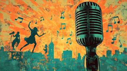 Vintage-style poster with a retro microphone, musical notes, and dancing figures, set against a faded cityscape backdrop, Vintage, Warm tones, Screen print style, Celebrating local talent and culture