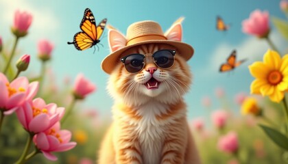 A playful portrait of a small, fluffy cat wearing a tiny hat and sunglasses.