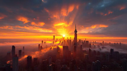 Wall Mural - A fiery sunset illuminates a city skyline, with a tall tower reaching toward the heavens.