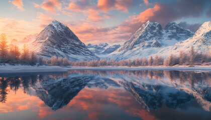 Wall Mural - Nature Bliss: A serene mountain landscape with a lake reflecting the snowy peaks at sunrise