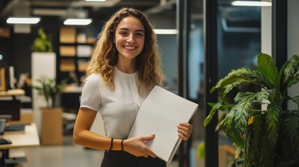 Caucasian female businesswoman holding folder smiling looking at office