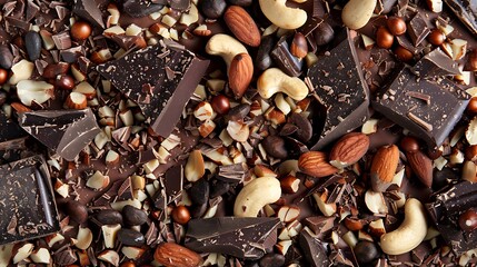 Pieces of dark cacao mixed with nuts and cocoa