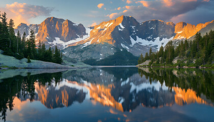 Wall Mural - Nature Bliss: A serene mountain landscape with a lake reflecting the snowy peaks at sunrise