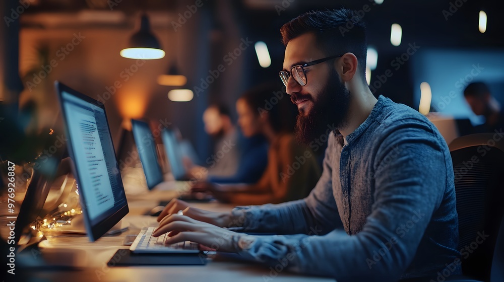 Bearded Man Working Late at Night on a Computer