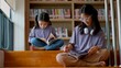 © FAMILY STOCK - Two Asian siblings sit on the steps of a library, intently reading a book together, and share a moment of discovery and curiosity.