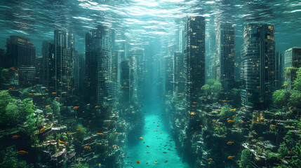 A futuristic city submerged underwater with fish swimming through the streets and buildings overgrown with plants.