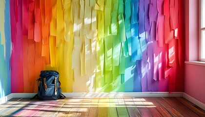 Vibrant room featuring a rainbow mural and a backpack resting on the floor