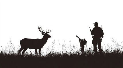 Sticker - Silhouette of a deer alongside a hunter at dusk in a natural setting. on white background 