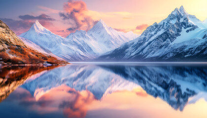 Wall Mural - Nature Bliss: A serene mountain landscape with a lake reflecting the snowy peaks at sunrise