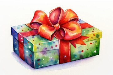 Illustrate a wide-angle view watercolor painting of a Christmas gift exuding Merry Christmas in vibrant tones with a large bow