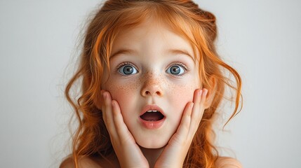 Wide-Eyed Wonder: A portrait of a young redhead girl with a look of pure surprise and amazement, capturing the magic of childhood innocence and discovery. 