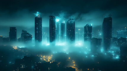 Wall Mural - A futuristic cityscape with tall buildings and bright lights in the fog.