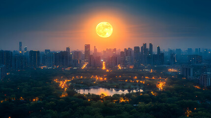 Wall Mural - A large full moon rises over a cityscape at dusk, illuminating the buildings and parkland below.