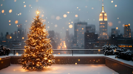 Canvas Print - A lit Christmas tree stands on a snowy rooftop with the New York City skyline in the background.