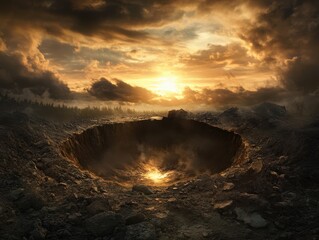 Wall Mural - Dramatic Sunset Over a Mysterious Crater in a Rocky Landscape with Dramatic Clouds