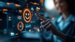 © Premium_art - person interacting with futuristic touchscreen interface, smiling emoticon highlighted. digital innovation and user experience