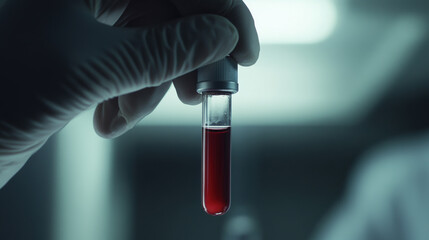 A hand holding vial of blood after drawing sample, showcasing vivid red color of liquid. scene conveys sense of clinical precision and medical professionalism