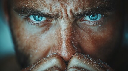 Grit and Determination: Close-up portrait of a determined man with intense blue eyes, grit, and determination. The image captures the raw emotion of a focused and driven individual, ready to face.