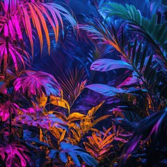 Wall Mural - Vibrant and colorful tropical foliage illuminated by dramatic lighting, creating a magical jungle atmosphere.