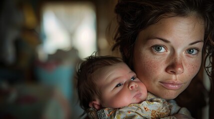 A mother holds her newborn, their eyes locked in a tender gaze, the room filled with a palpable sense of love and warmth.