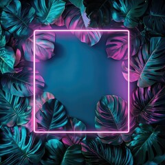 Wall Mural - vibrant leaves with neon frame creating a stunning tropical background perfect for modern designs an