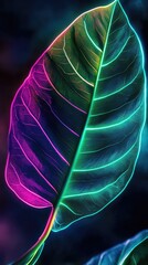Wall Mural - Vibrant neon leaf glowing with colorful lights against a dark background, showcasing nature's beauty in a modern style.