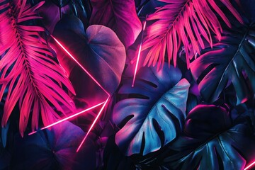 Sticker - vibrant tropical leaves with neon lighting create a striking and colorful visual effect, ideal for n