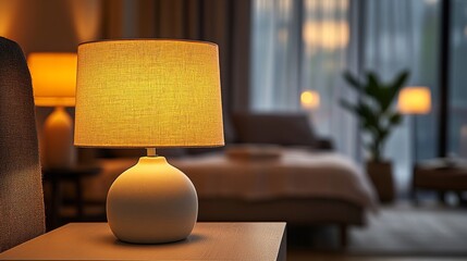 Modern white lamp on the bedside table, emitting a soft, warm light, creating a calm and cozy atmosphere in a minimalist bedroom.