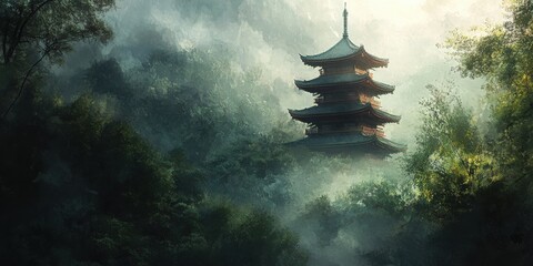 Wall Mural - pagoda rising above the trees