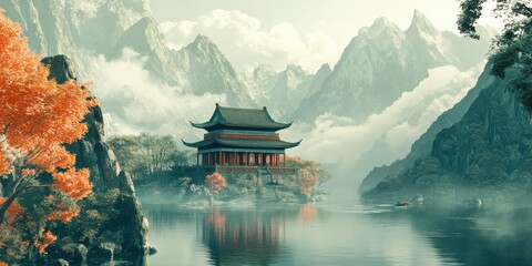 Wall Mural - peaceful temple surrounded by mountains 