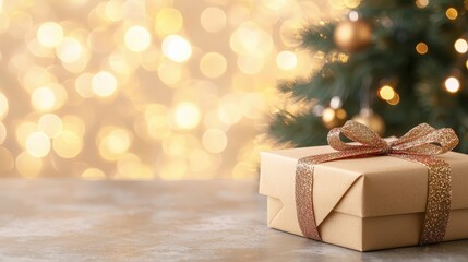 Poster - Christmas Gift Box With Golden Bow and Lights Bokeh Background