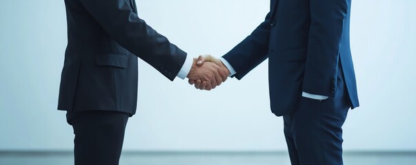 Two business professionals shake hands in a formal setting, symbolizing partnership and agreement in a corporate environment.