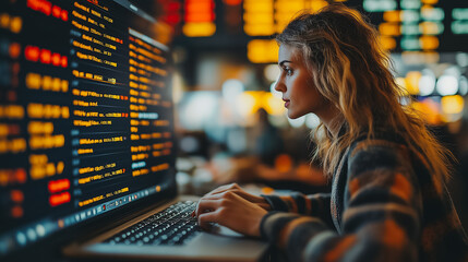 Wall Mural - a woman is typing on a laptop computer in front of a monitor displaying a lot of numbers. she is foc