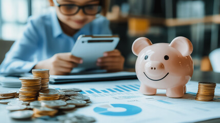 Sticker - A girl is sitting at a table with a piggy bank and a pile of coins. She is looking at her phone