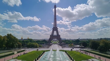 A shot of the Eiffel Tower from the Trocad Gardens, with the lush greenery and fountains providing a picturesque foreground.