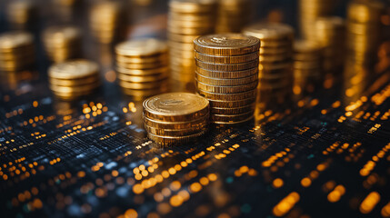 A pile of gold coins on a black background. The coins are stacked on top of each other, creating a sense of wealth and abundance. The image conveys a feeling of prosperity and success