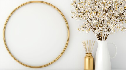 Canvas Print - White Wall With Golden Circle Frame  White Flowers  and Gold Vase