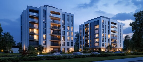 Canvas Print - a front view of modern apartment buildings with lights on in the evening, against a blue sky.