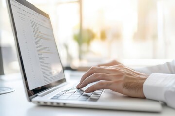 a person typing on a laptop in a bright, sunlit workspace, showcasing a tech-driven environment focu